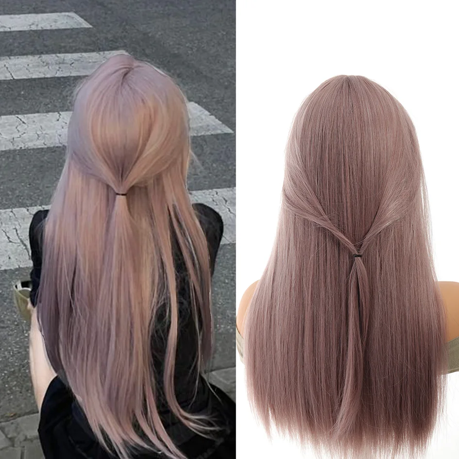 Synthetic - Grey Purple Wig 24 inches 8.57oz Bazi bangs long straight hair cover, Cosplay Music Festival Halloween Christmas