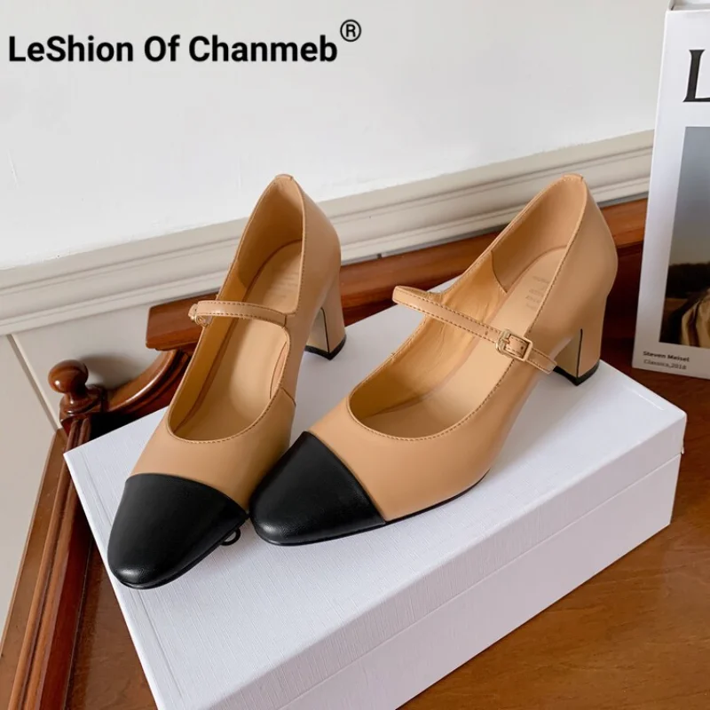 

LeShion Of Chanmeb Women Genuine Leather Pump Luxury Brand Designer Mix-Color Mary Jane Shoes Woman Thick High Heels 2023 Spring