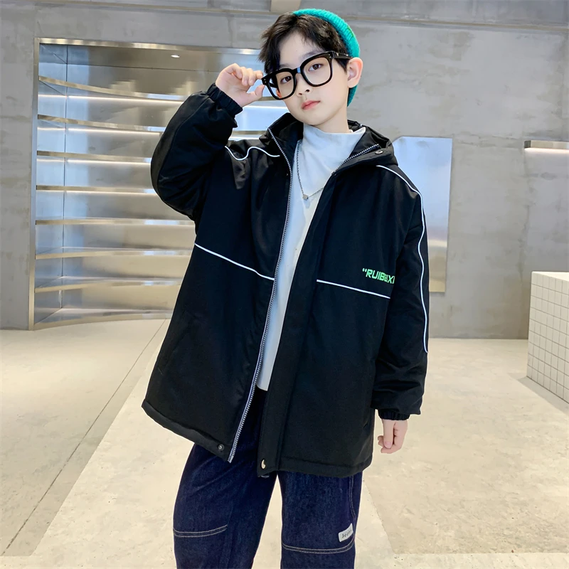 

Boys' coats and velvet winter 2023 New Zhongda children's long cotton-padded jacket boys' winter clothes reflective stripes over