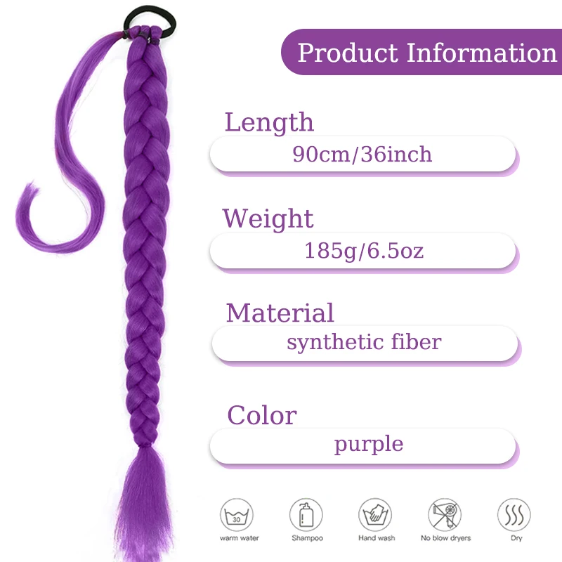 36inch Purple Hair Ponytail Extension for Kids Cosplay Super Long Braided Hair with Hair Tie Sleek Wrap Tails for Kids Hairpiece