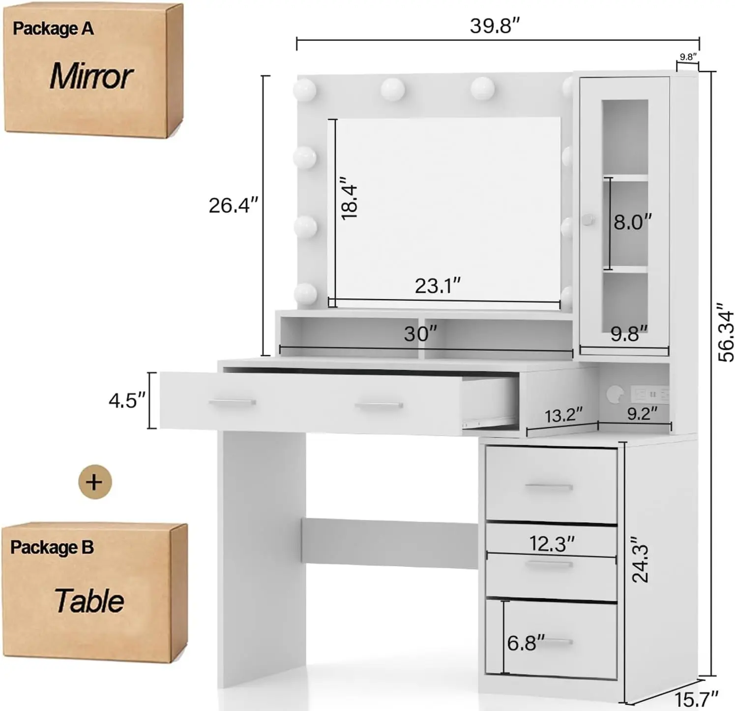 Makeup Vanity with Charging Station, Makeup Vanity Desk with Mirror and Lights, Dressing Table Nightstand Drawers &