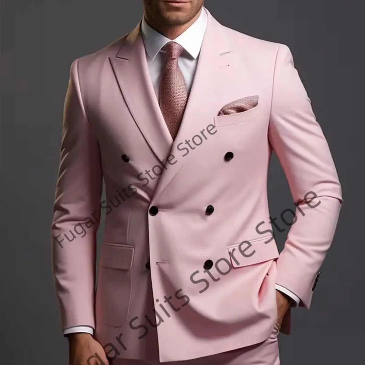 Fashion Pink Double Breasted Men's Clothing Slim Fit Peak Lapel Groom Tuxedos 2 Pieces Sets Elegant Male Blazer Ternos Masuino