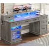 Farmhouse Executive Desk with File Drawer, Computer Desk with Charging Station & LED Lights, Home Office Desk with Drawers & Sto 1