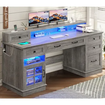 Farmhouse Executive Desk with File Drawer, Computer Desk with Charging Station & LED Lights, Home Office Desk with Drawers & Sto 1