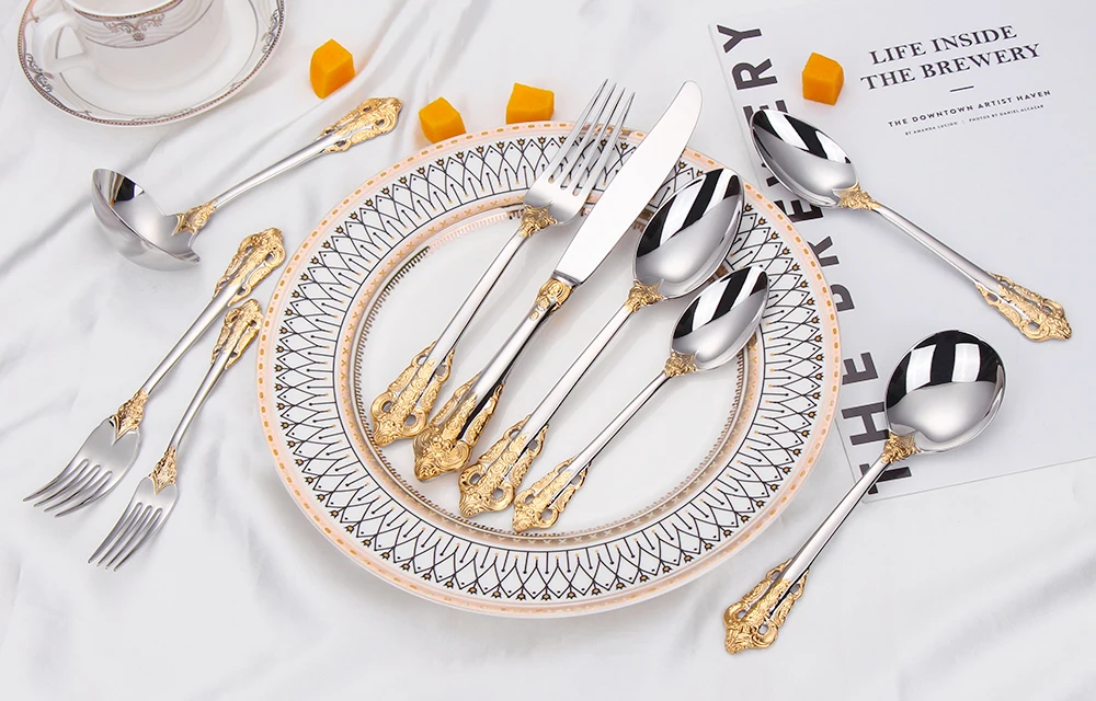 Description Picture 3 of item1piece Luxury Gold Plated Cutlery Set Vintage 18/10 Stainless Steel Knife Fork Spoon Gravy Ladle For Wedding Dinner Party Hotel