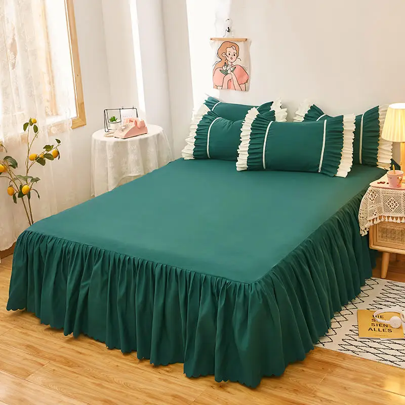 1pc Plain Dyed Bed Skirt with Elastic Green Solid Color Single/Queen