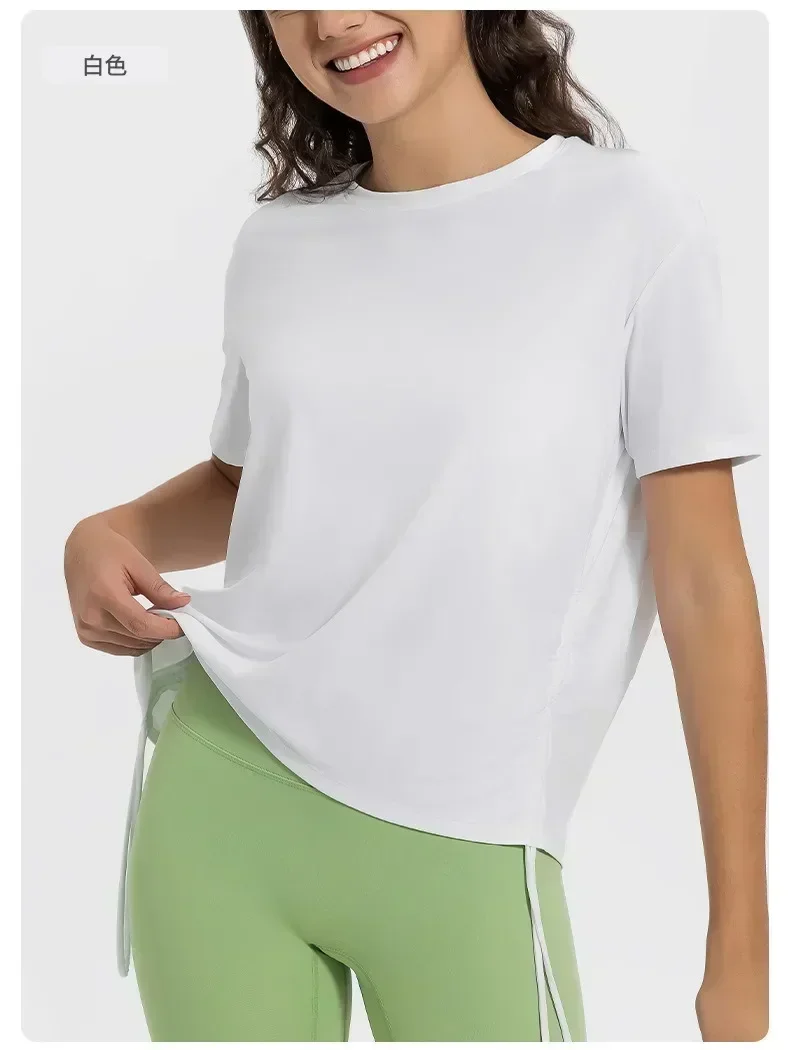 New Lemon Cool Breathable Quick-drying Drawstring Pleated TEE Loose Comfortable Round Neck Outdoor Sports Short Sleeve 4