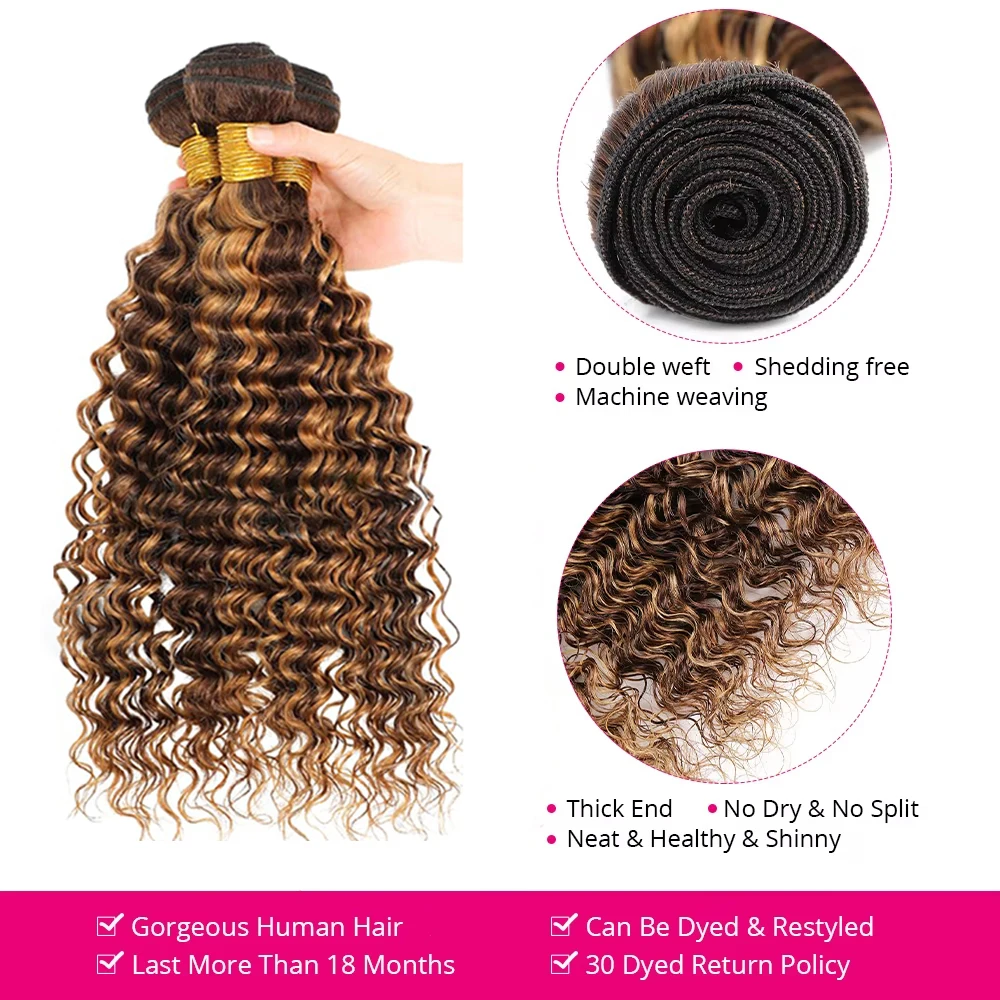 Highlight Water Wave Bundles Human Hair P4/27 Curly Brown Blonde Curly Hair Extension 30Inch Deep Wave Human Hair Bundles Deal 4