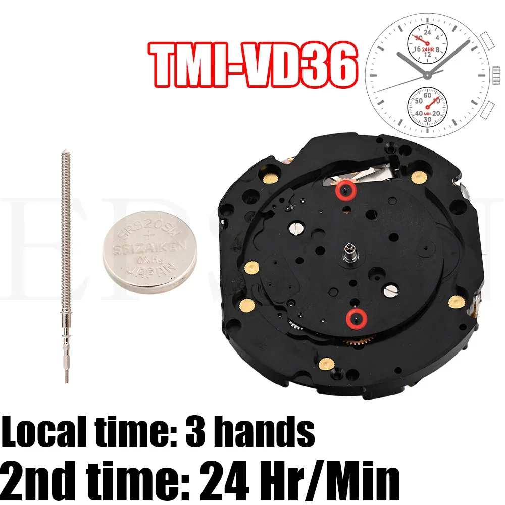 

TMI VD36 Dual Time Movement Size: 12 ¾‴ Height: 3.97mm 5 hands 2nd time: 24 hr/min 6.12 Small Seconds