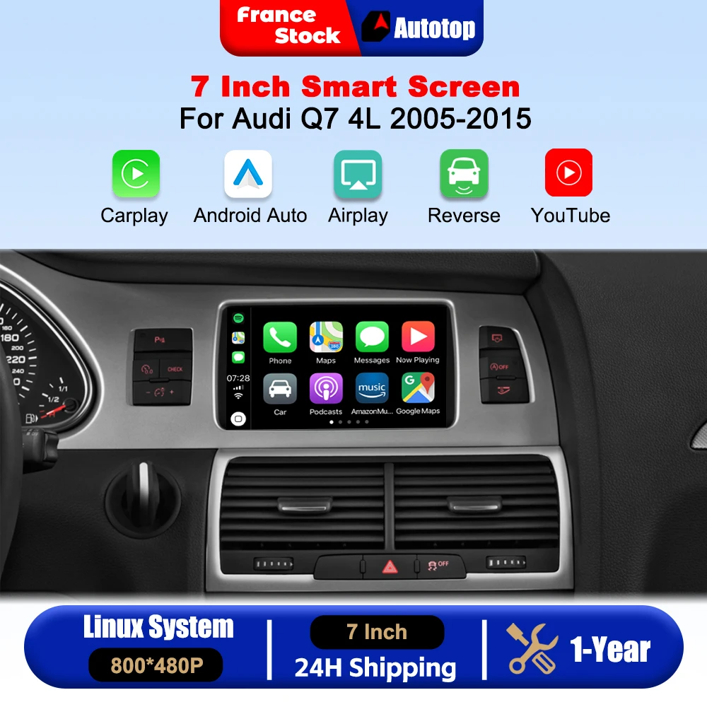 Radio de coche inalámbrico CarPlay Android Auto de 7 pulgadas para Audi Q7 4L 2005-2015 MMI 2G MMI 3G Reproductor de vídeo multimedia con pantalla táctil Linux con YouTube en línea Airplay Autolink Mirror Link WiFi Bluetooth GPS Navegación 1