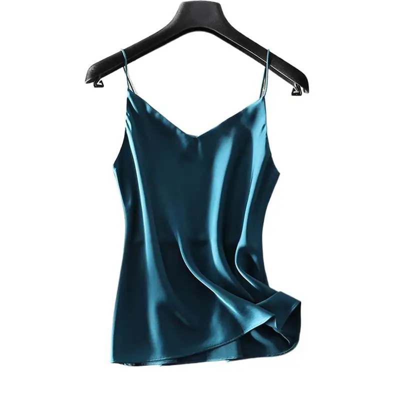 

Casual Loose Women Soft Satin Camis Solid Ice Silk 2024 Summer Fashion Ladies V-Neck Sexy Crop Tops Elegant Female Short Top