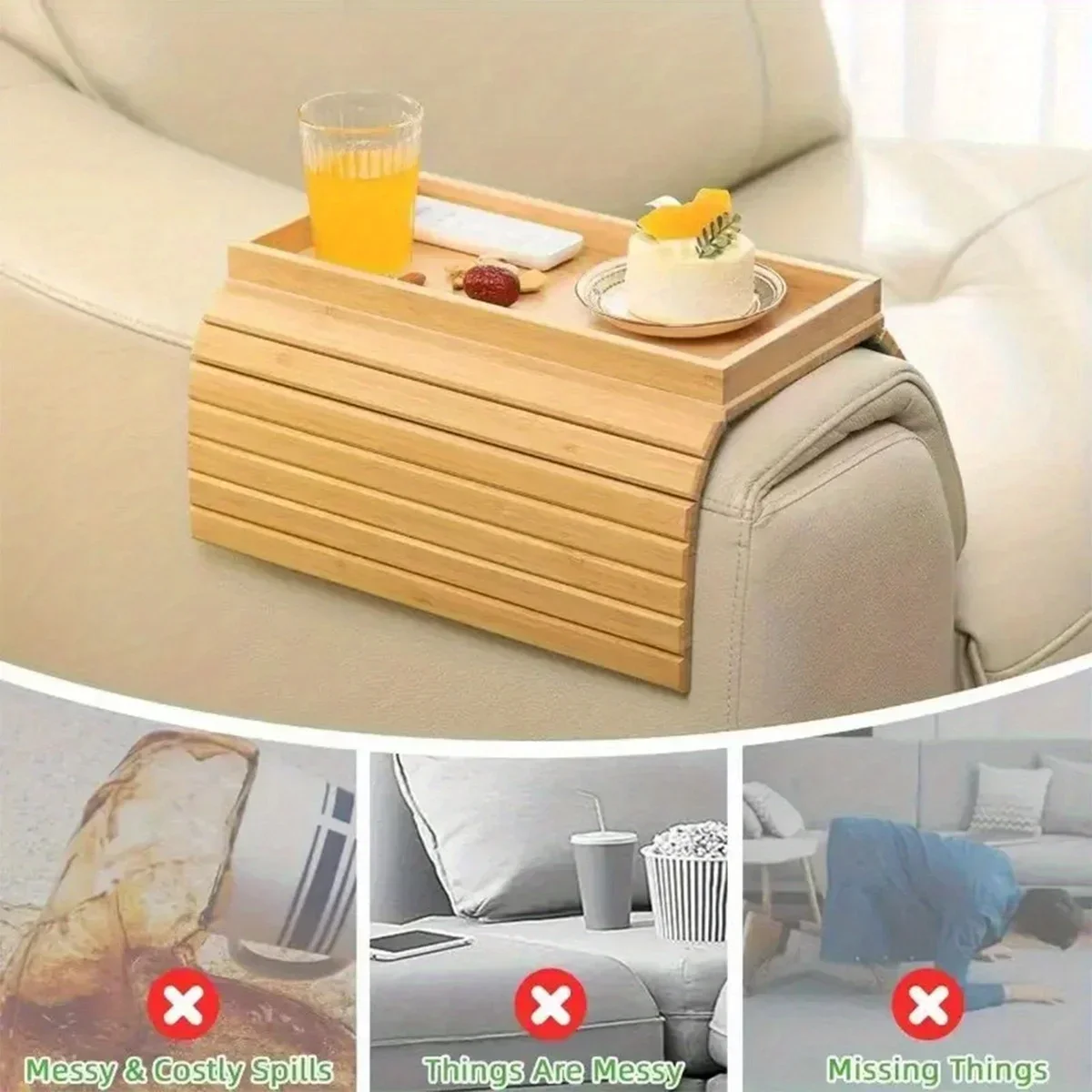 Sofa Armrest Tray Collapsible Bamboo Sofa Armrest Table, Non-slip Tray with Cup Holder, Snack Side Table