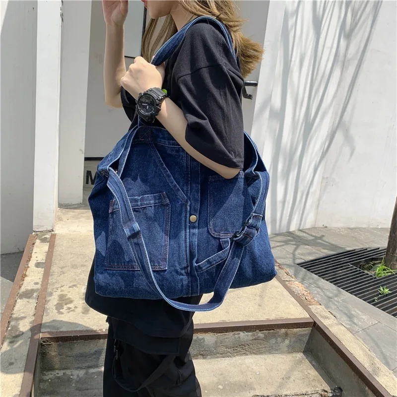 

Denim Shoulder bag women Handbag female Japan Simulated jeans canvas Crossbody tote Students Multiple pockets blue messenger bag