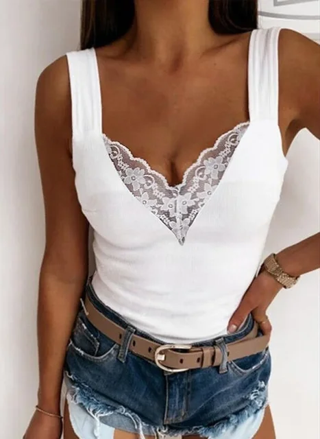 Camicie sexy senza maniche in pizzo tinta unita casual con scollo a V moda estiva da donna Top slim 2
