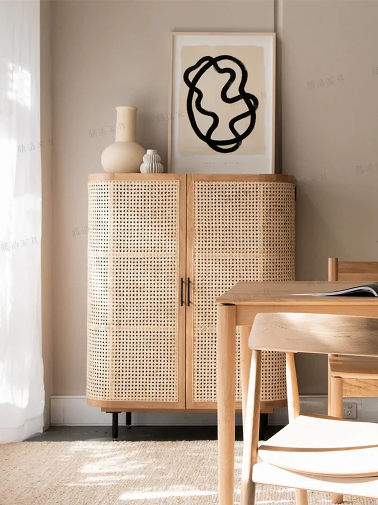 

Japanese style log retro dining cabinet, living room storage cabinet, solid wood rattan woven cabinet, entrance cabinet