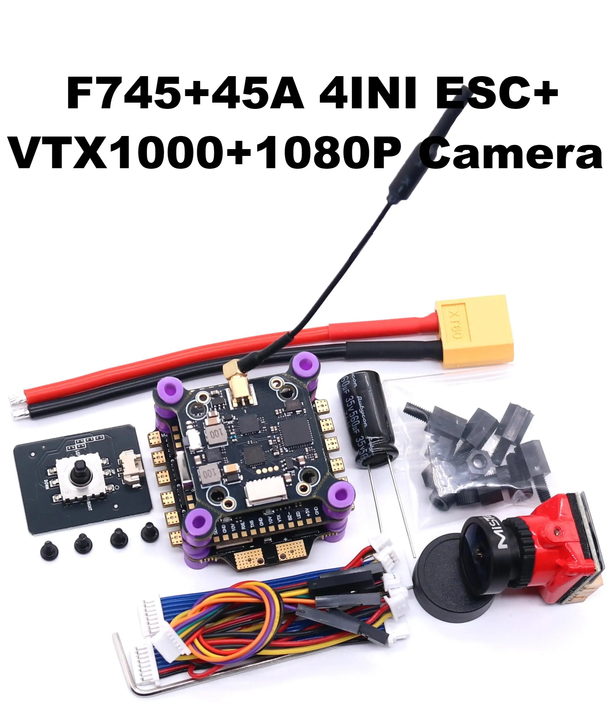 ESC F745 60A pour drone FPV, contrôleur de vol performant montrant les connecteurs et câbles