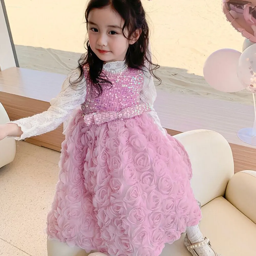 

Princess Party Girl Dress Rose Embroidery Sequined Kids Spring Wedding Birthday Dresses Children Clothing with Hairband 3-8Y