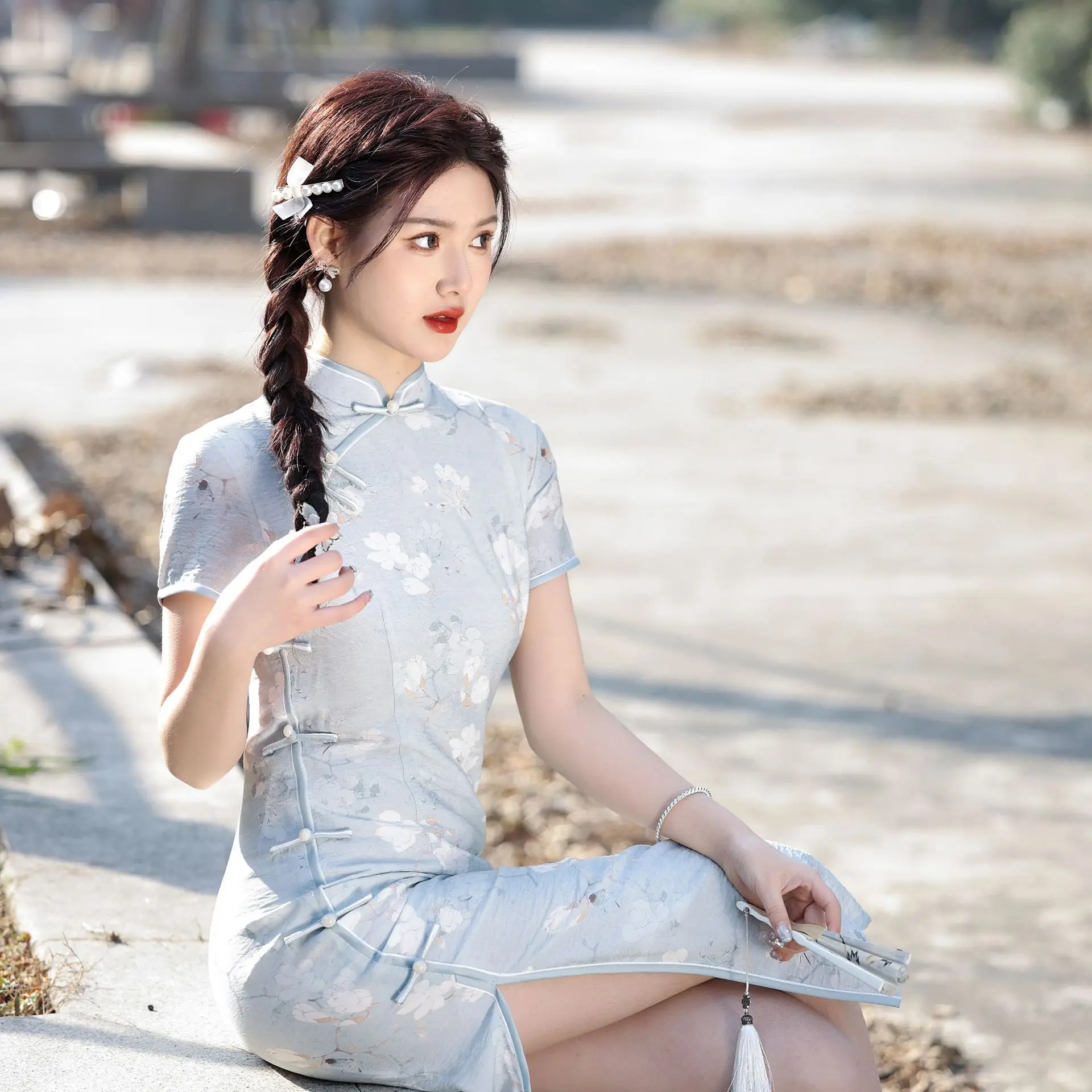

Silk And Hemp Cheongsam, A New Summer Style Girl With Retro Republican Style, Medium Length Blue Elegant Printed Dress, S-xxxl