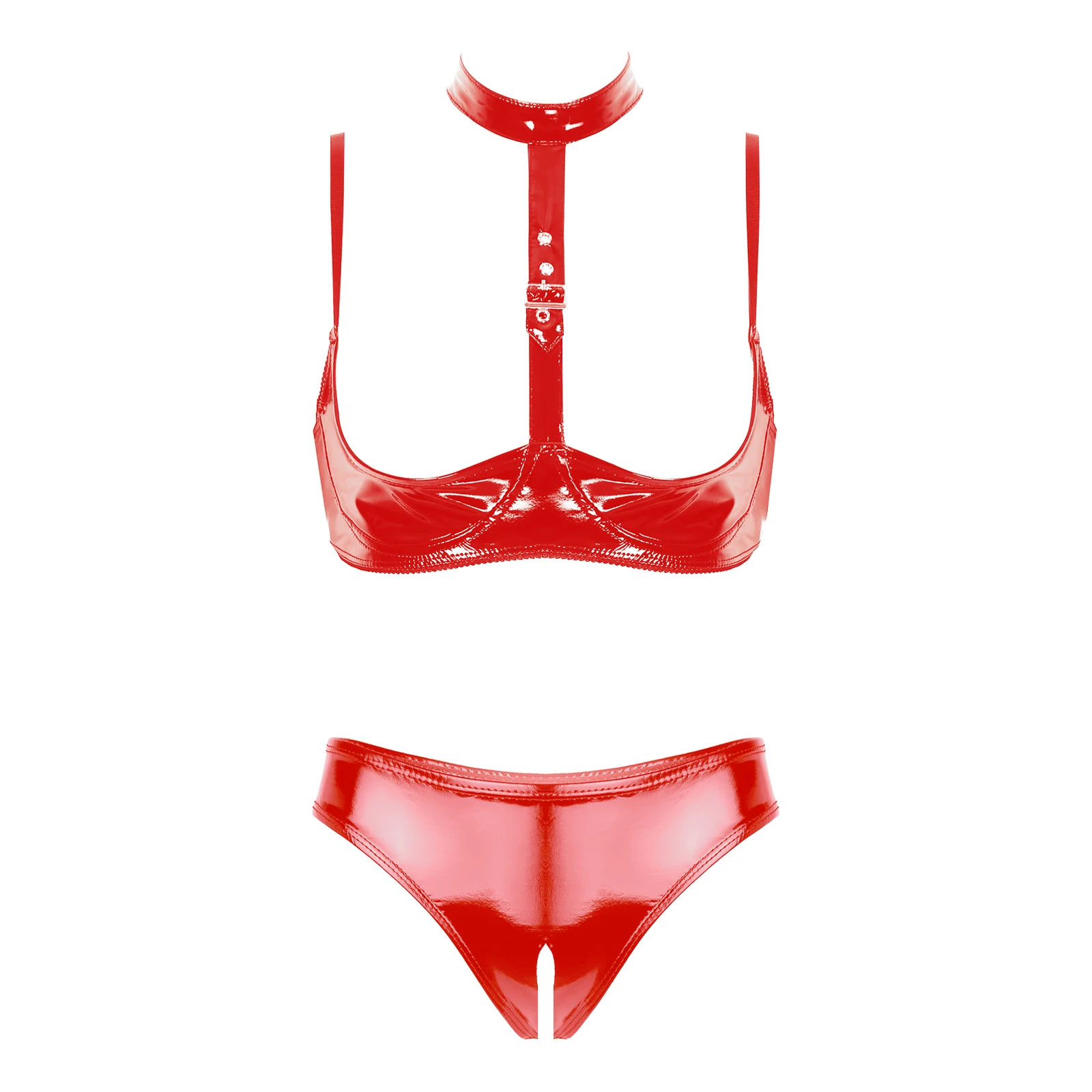 thumbnail image 1 of Conjunto de lencería Sexy de charol para mujer, 2 uds., copas abiertas, sujetador con estante, Top con entrepierna abierta, bragas de corte alto, ropa interior, 1 of 5