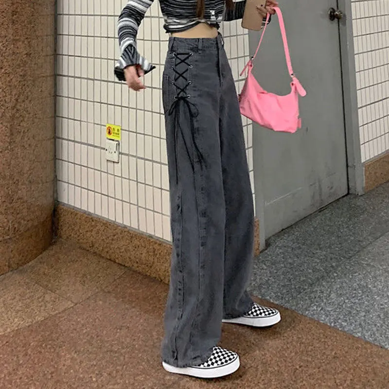 Fashion Y2K Gothic High Waist Jeans Women Chic Side Lace Up Wide Leg Denim Pants Female Harajuku Streetwear Straight Trousers