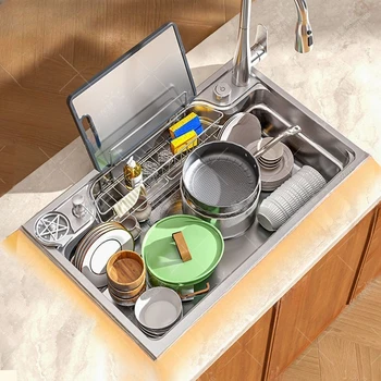 อ่างล้างจานเดี่ยวขนาดใหญ่สำหรับครัวเรือน ทำจากสแตนเลส 304 สำหรับล้างจานในครัว แบบมีลายนูน ติดตั้งใต้เคาน์เตอร์ หนาพิเศษ 1