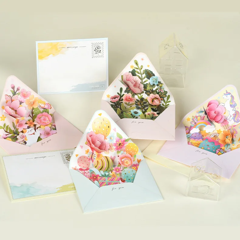 3D Pop-up Flowers Postcard with Envelope Romantic Flower Birthday Christmas Card Paper Greeting Cards Blessing Message Card