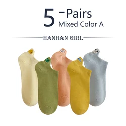 5 Pairs Korean Style Kawaii Candy Color Ankle Socks - Funny Animal Design, Cotton, Spring/Summer Collection - One Size (Mixed Color A)