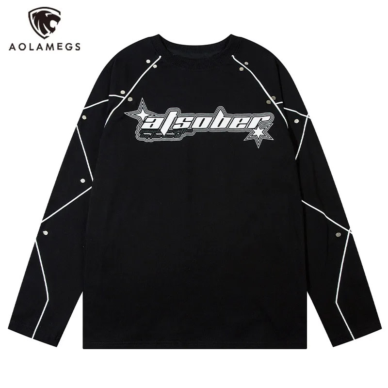 

Aolamegs Men Long Sleeve T Shirts Metal Rivets Spliced Tees Tops Oversized Street Sports Pullovers Y2k Vintage Sweatshirts