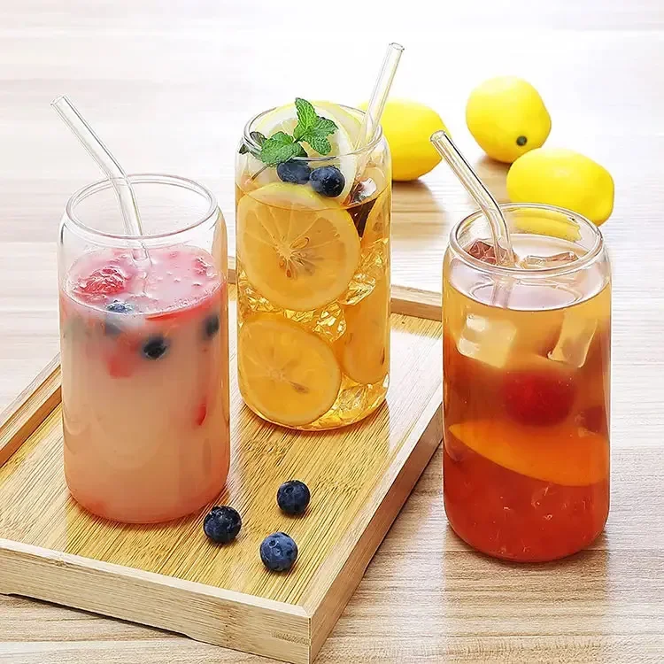 

Glass Cups Lids Straws 16oz Iced Coffee Cup Bamboo Lid Straw Ice Glasses Drink Beer Water Soda Tea Heat Cold Resistant Cola Mug