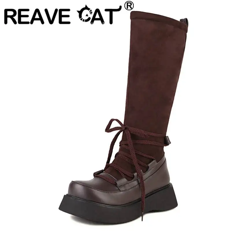 

REAVE CAT Fashion Lady Boots Shaft 33cm Square Toe Thick Heel 4.5cm Lace-up Splice Flock Plus Size 35-45 Solid Daily Sweet S4215