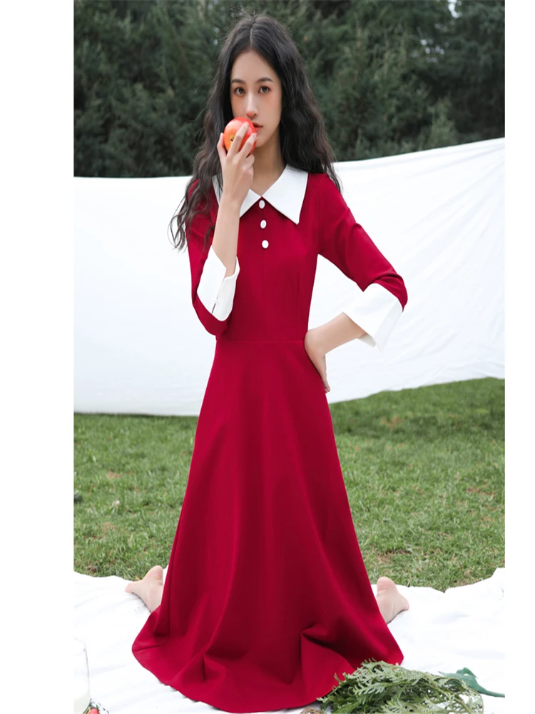 

Red Vintage 50s 60s Dress Slim Turn-Down Collar Three Quarter Sleeve Temperament Dress Party Dresses