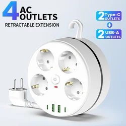 Enhanced 8 - in - 1 Round Retractable Cord Power Strip with Surge and Childproof Protection - EU Plug (WHITE)