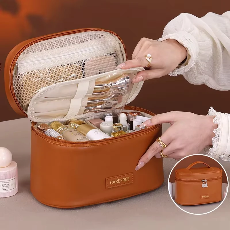Elegant PU Leather Women's Travel Makeup Organizer - Large Capacity Cosmetic Pouch and Toiletry Storage Tote