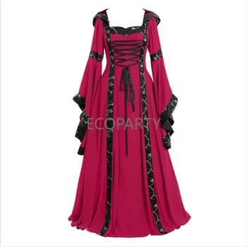 Halloween Women European Medieval Retro Court Princress Cosplay Costume Girls Long Sleeve Hooded Collar Masquerade Clothing