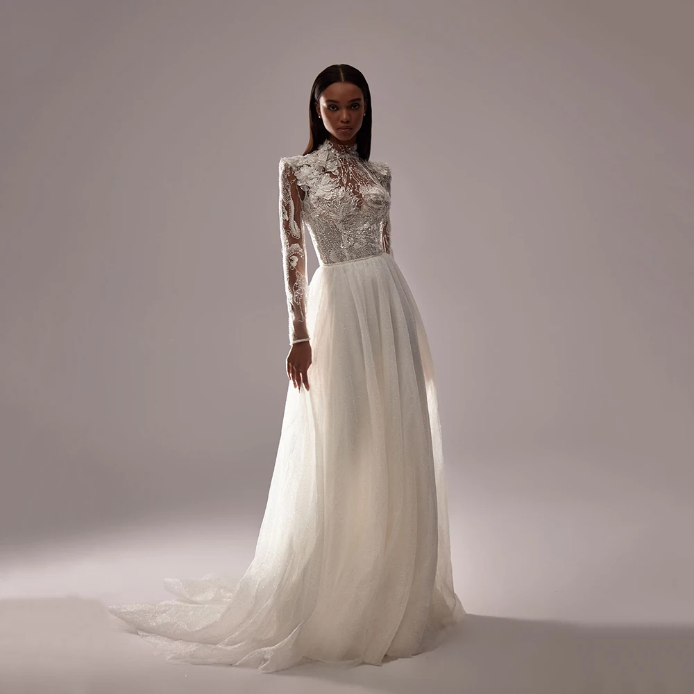 

2024 Latest Arrival Sparkling Wedding Dresses Boho Long Sleeves High Neck Bridal Gowns Sequined Flowers Robe de mariée On Sale