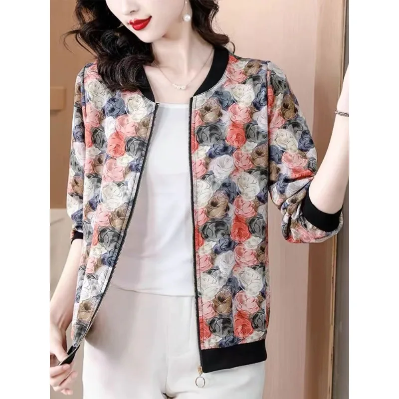 Zipper Sweatshirt Long Sleeve Jacket Summer Sunscreen Clothing Floral Print Thin Short Coat Baseball Lady Leisure Cardigan Tops