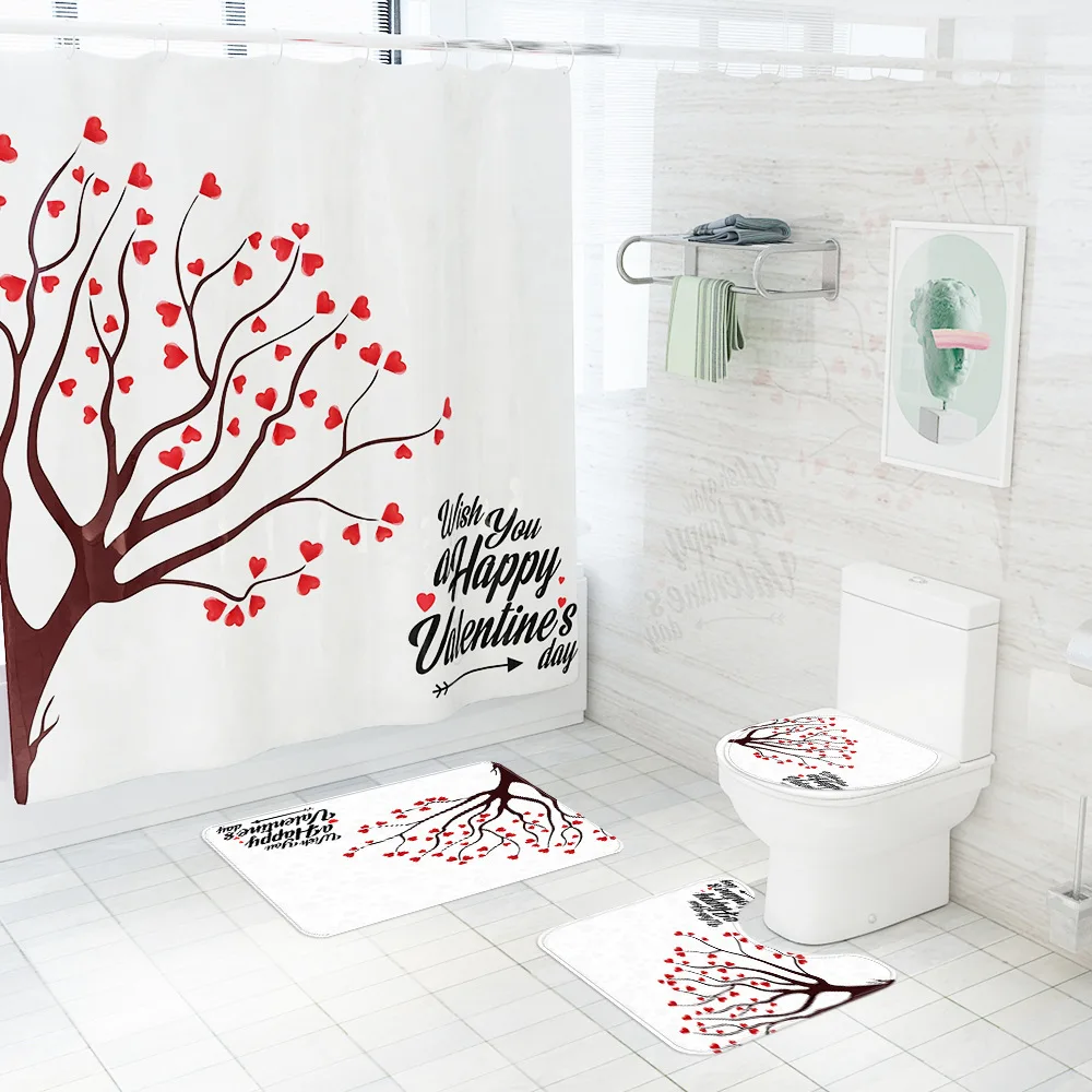 

Занавеска для душа на День святого Валентина, занавеска для ванной комнаты с принтом в виде влюбленных деревьев, коврик, ковер для туалета, декоративные аксессуары, 4 шт.