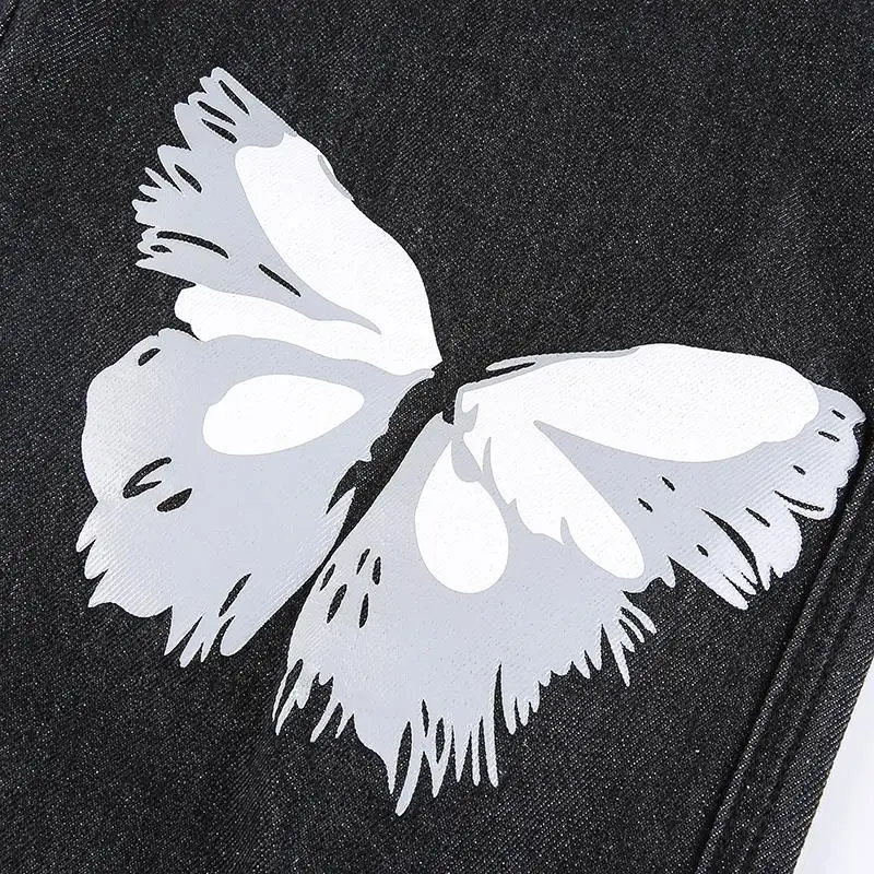 Streetwear Y2K Vintage Black Jeans Women New Wide Leg Butterfly Print Pants Hiphop Oversize Loose Straight Casual Trousers 5XL