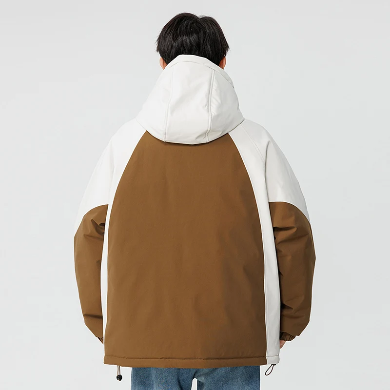 Outdoor Men's Winter Padded Jacket Hooded Zip-up Patchwork Windbreaker Waterproof Outerwear Hiking Fashion Thick Warm Parkas