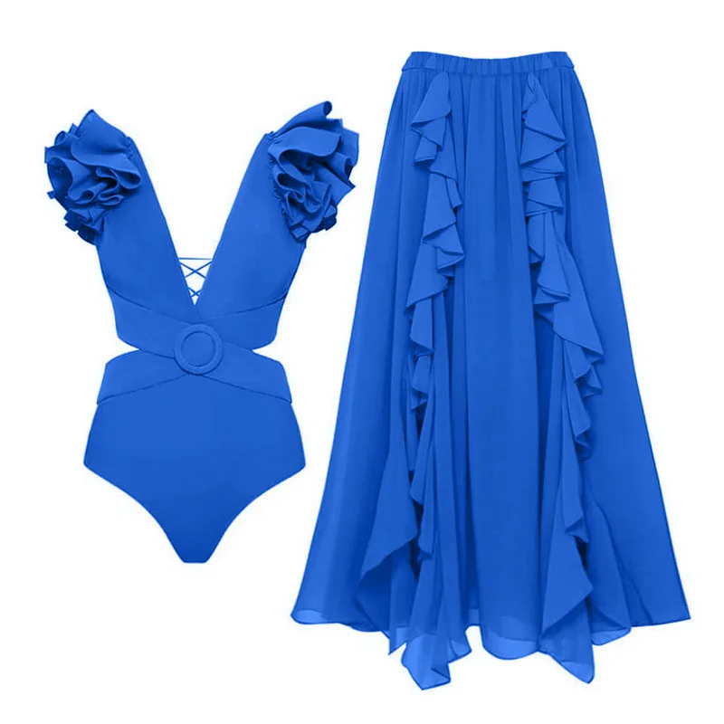 2023 New One-piece Swimsuit 3D Three-dimensional Flower Shoulder Decoration Hollow One-piece Swimsuit and Umbrella Skirt Set