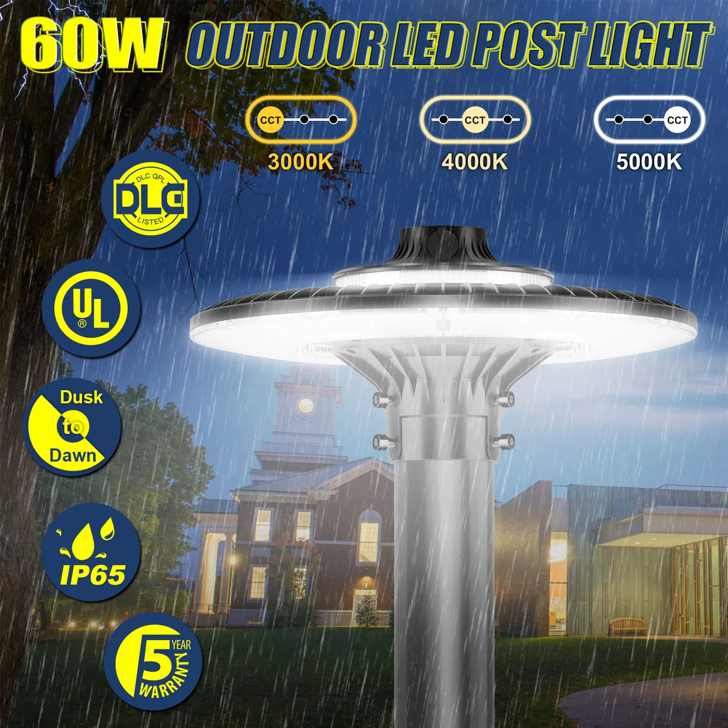 60W LED Post Top Light with Photocell CCT Tunable 7800Lm Outdoor Circular Area Pole Light [300W Equivalent] 5000K