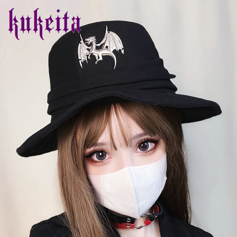 

Kukeita Black Harajuku Y2K Goth Hip Hop Hat Women Men Girl Punk Emo Dark Academic Aesthetic Brim Caps Fairy Grunge Bucket Hat