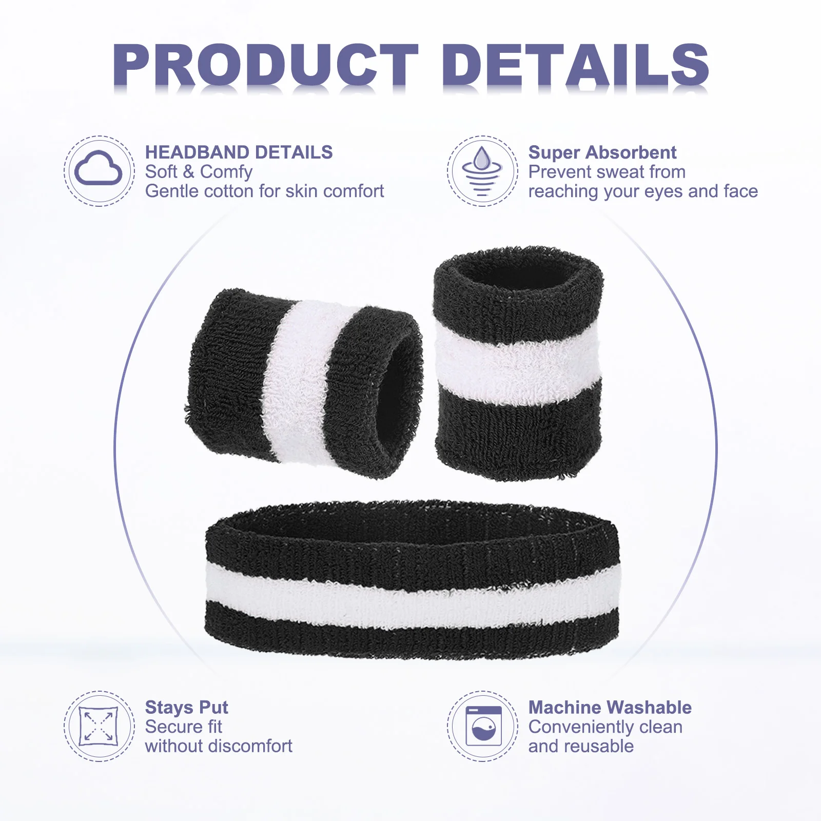 7 x 2 Inch Sweat Band Set Sports Terry Cloth Headband Wristband Set Moisture Wicking Sweat Absorbing Head Band for Women Men 4