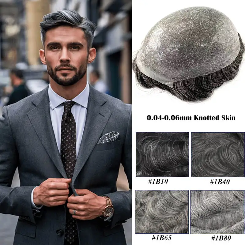 0.04-0.06mm Male Hair Prosthesis Soft Knotted Skin Men's Wig Durable Toupee For Men 100% Indian Human Hair Prostheses for men