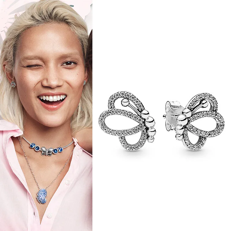 

100% 925 серьги Silver Pan Earrings Fashion Flying Butterfly With Crystal Pan Earrings For Women Wedding Gift Fashion Jewelry
