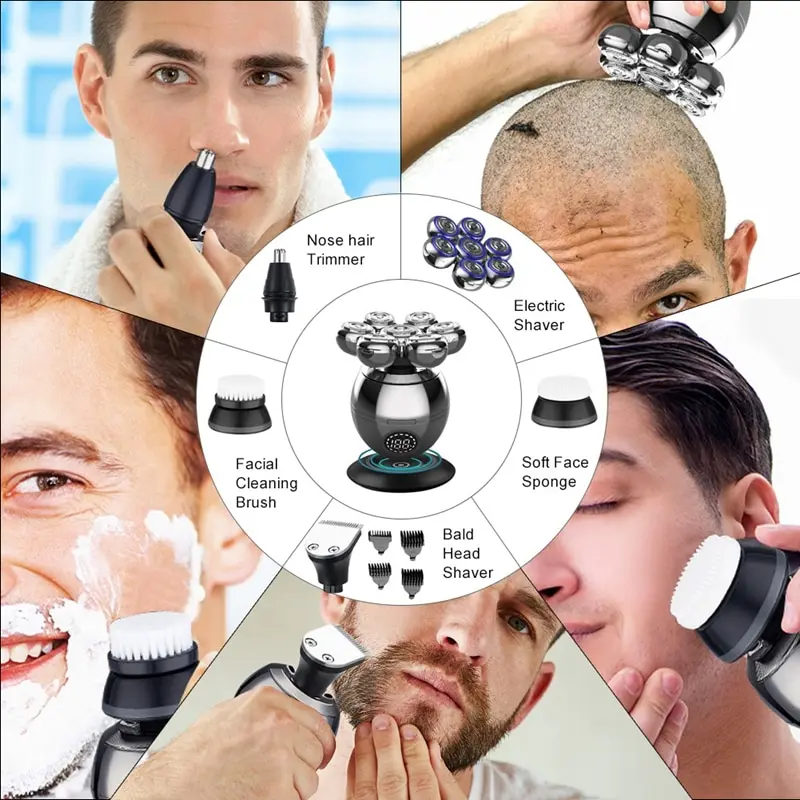 5-in-1 Electric Shaver for Men 7D Floating Beard Trimmer Shaver Clipper Cutter Head Base Charging Waterproof Shaving Machine