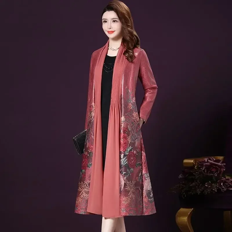 Spring Fall Vintage 4xl  Red Grey Floral Pattern Patchwork Cardigan Trench Coat for Women , 2023 Womens Long Windbreaker Coats