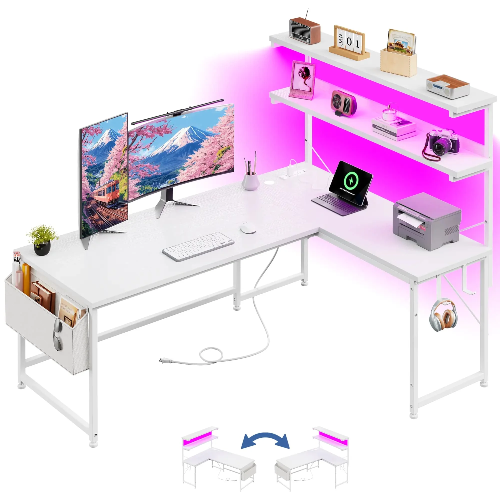 Reversible L Shaped Desk Computer Desk with LED Light & Power Outlet Gaming Desk with Shelf & Storage Bag & Hook for Home Office