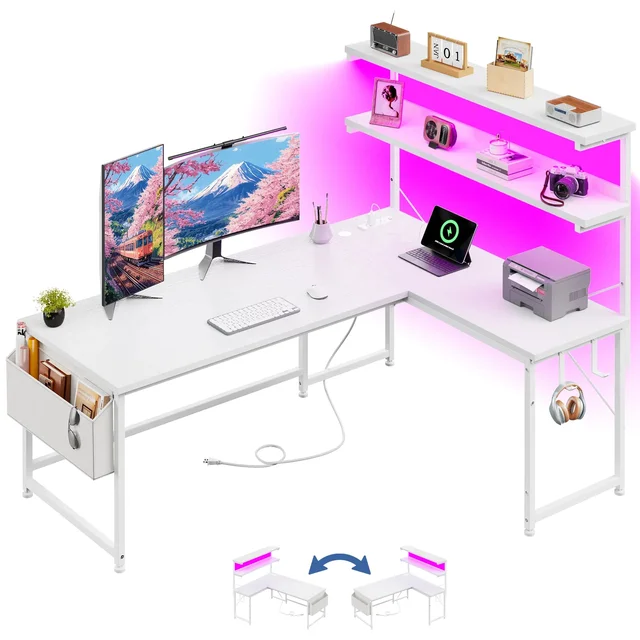 Reversible L Shaped Desk Computer Desk with LED Light & Power Outlet Gaming Desk with Shelf & Storage Bag & Hook for Home Office
