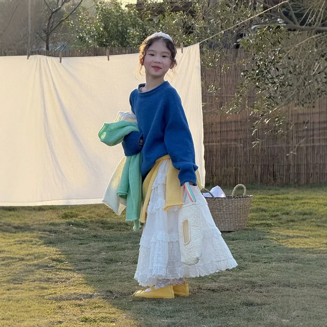 어린이용 라운드 넥 니트 스웨터, 한국 단색, 올매치 패션, 여아 의류, 2025 용수철, 신상